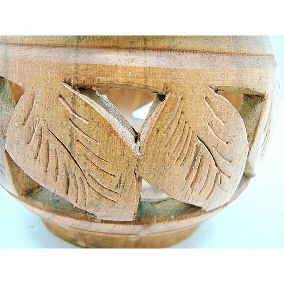 Handmade Hand Carved Wooden Bowl Trinket Dish Brown Round Shape Leaf Design 4x3 - Picture 10 of 11